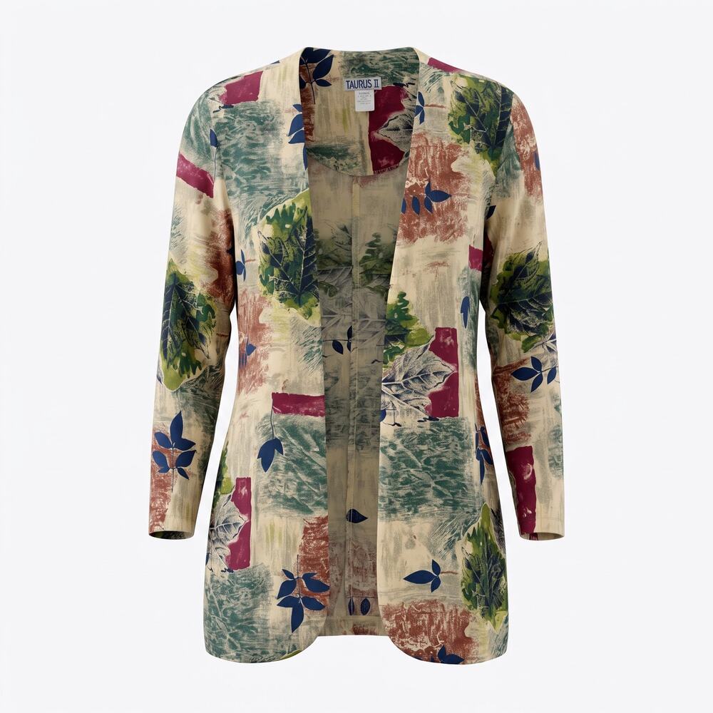 Vintage 90s Taurus II Rayon Duster Jacket Womens 8 Leaf Print Made USA